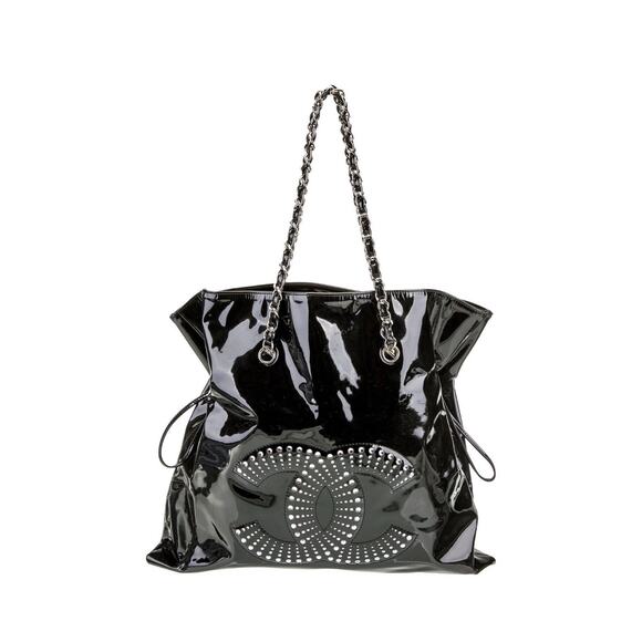 Authentic Chanel patent Leather Black Bon Bon Tote EUC Size Large Hard To Find - Picture 8 of 9